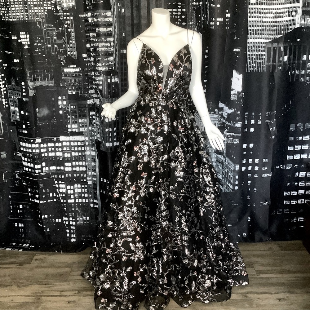 Cinderella Divine Plus Size Black Silver Sequin Formal Maxi Dress with Pockets